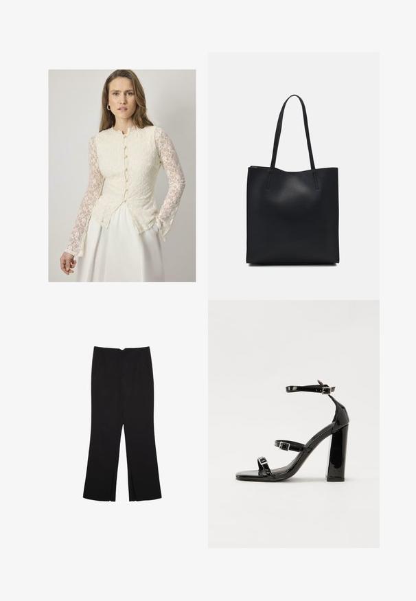 Bluzica iz čipke v krem barvi z dolgimi prosojnimi čipkastimi rokavi, okroglo izrezom in gumbnimi detajli spredaj. Razširjen silhuet.; Črne hlače ravnega kroja z naglavnimi žepi in stranskimi razporki na robu. Narejene iz mehke, gladke tkanine. Primerne za različne priložnosti.; Črne lakirane sandale s peto, kvadratnim prstom, trakovi okrog gležnja in srebrnimi zaponkami. Opremljene so s stabilno Debelo peto.; Črna usnjena torba s svilnato teksturo, pravokotne oblike in dvema dolgima ročajema. Brez vidnih metalnih delov ali okrasnih elementov.