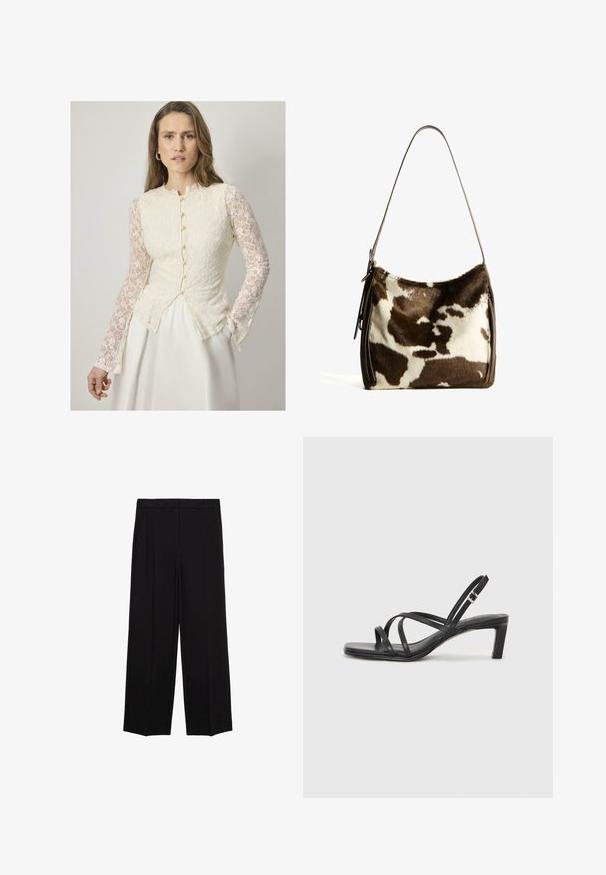 Cream-colored lace blouse with long, sheer lace sleeves, round neckline, and button detailing along the front. Flared silhouette.; Black wide-leg trousers with a smooth fabric, featuring pleats at the front and side pockets, designed with a straight, relaxed cut.; Black strappy sandal with a square toe and a low block heel. Features multiple thin straps and an adjustable ankle strap. Made of smooth leather.; Brown and cream cowhide shoulder bag with a smooth leather strap, zip closure, and a soft, textured surface featuring a natural pattern.