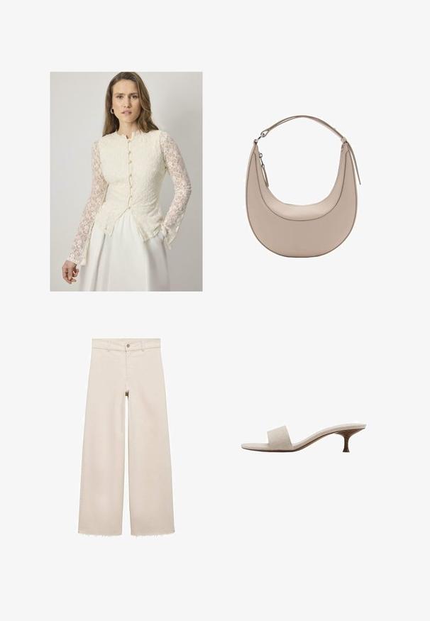 Cream-colored lace blouse with long, sheer lace sleeves, round neckline, and button detailing along the front. Flared silhouette.; Beige wide-leg jeans with a high waist, featuring a button closure, front pockets, and frayed hem. Made of denim fabric.; Heel-less sandal with a beige woven fabric upper, open toe, and curved wooden midsole. The design features a smooth texture and minimalist shape.; Beige leather shoulder bag with a crescent shape, smooth texture, and a single curved handle. Features a zip closure and neat stitching.