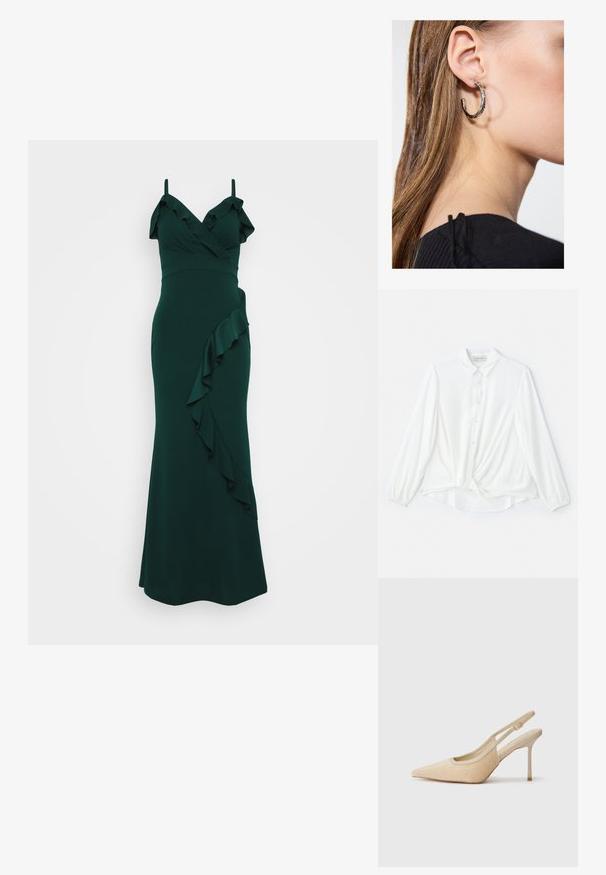 Blusa blanca de manga larga con cuello, frente de botones y detalle anudado en la cintura. Fabricada con una tela suave y ligera.; Vestido verde esmeralda con tirantes, escote con volantes y un volado que cae por un lado. Hecho de una tela suave, diseño ajustado al cuerpo.; Tacones altos en beige tipo slingback con punta afilada, hechos de material texturizado, con un tacón delgado y correa ajustable.; Bolso de mano con cuentas que presenta colores vibrantes: rosa, naranja, azul y marrón. Superficie texturizada con cuentas circulares y formas orgánicas, asas resistentes.; Pendiente de aro de plata con un acabado pulido, que presenta pequeños detalles en dorado y una forma redonda, llevado en el lóbulo.