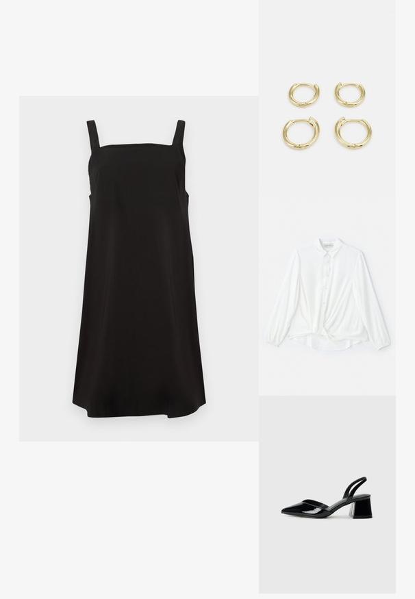 Weiße Bluse mit langen Ärmeln, kragenlosem Ausschnitt, Knopfverschluss und geknotetem Detail in der Taille. Hergestellt aus glattem, leichtem Stoff.; Schwarzes ärmelloses Kleid mit quadratischem Ausschnitt, aus glattem Stoff gefertigt, mit lockerer Passform und geradem Schnitt. Keine sichtbaren Muster oder Beschläge.; Schwarze Lackleder-Slingback-High Heels mit spitzem Schuh und einem geometrischen Blockabsatz. Verfügt über ein schlankes, minimalistisches Design und eine glatte Textur.; Schwarze Lederhandtasche mit geschwungener Form, abnehmbarem Tragegurt und goldenen Beschlägen. Die Tasche verfügt über einen Deckel mit einer Schnallen-Details.; Goldene Creolen, vier Stück, mit glatter Oberfläche, runder Form, in verschiedenen Größen, mit einem klappbaren Verschluss für einfaches Anlegen.