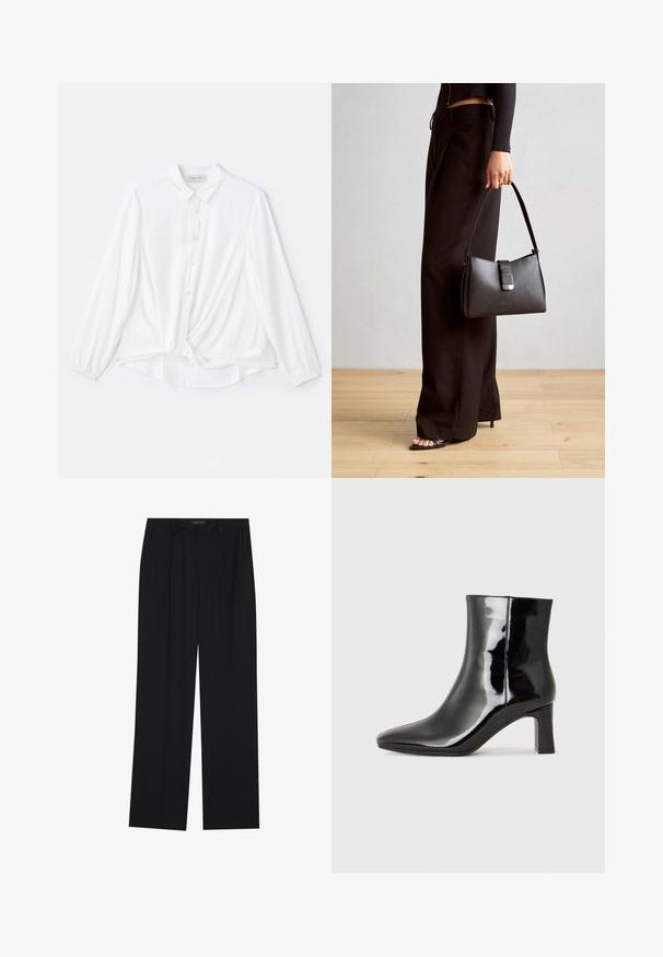 Fehér, hosszú ujjú blúz, galléros nyakkal, gombos elülső résszel és csomózott részletekkel deréktájon. Készült sima, könnyű anyagból.; Fekete nadrág egyenes szárú kialakítással, két első zsebbel és derékrésszel. Simának és könnyű anyagból készült.; Fekete lakk bőrcipő bokáig érő, hegyes orral és közepes magasságú tömbsarokkal. Simább textúrával és minimalista dizájnnal rendelkezik.; Fekete kézi táska strukturált formával, sima textúrával és fémből készült záródással. Széles fekete nadrággal és nyitott orrú szandállal párosítva, fából készült padlón.
