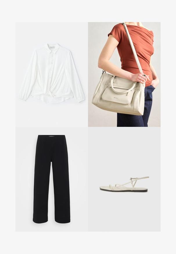 Valge pikkade varrukatega pluus, millel on kaelarätt ja nööpidega eesmine sulgemine, ning sõlmeelement vööl. Valmistatud siledast ja kergest kangast.; Mustad laiad püksid elastse vöökohtaga. Valmistatud tekstuurilisest materjalist, millel on lõtv istuvus ja sirge lõige puusadest heleni.; Bežid lame sandaal, millel on mitu peenikest rihma ja reguleeritav pandla. Tallal on lame pind, mille ääres on kerge tumedam kontrast.; Valge nahast käekott kahe käepidemega ja eemaldatava rihmaga, millel on eesmine lukuga tasku ja sile tekstuur. Kandub inimese käe peal.