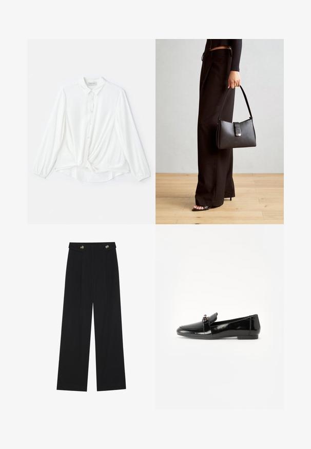 White long-sleeve blouse with a collared neck, button front, and knotted detail at the waist. Made of smooth, lightweight fabric.; Black wide-leg trousers with high waist, button details on waistband, and front pleats.; Black patent leather loafer with a flat sole, rounded toe, and a decorative strap featuring a gold-tone accent. Smooth, shiny finish.; Black handbag with structured shape, smooth texture, and a metallic clasp. Paired with wide black pants and open-toe sandals on wooden floor.