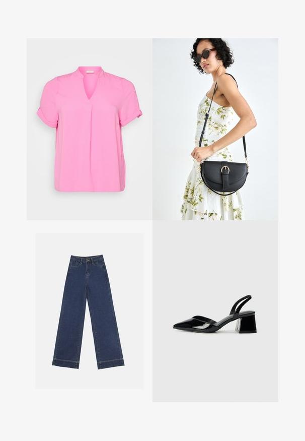 Pink short-sleeve blouse with a V-neck, featuring a pleat in the front. Soft texture and rolled cuffs. Made of lightweight fabric.; Wide-leg jeans in dark blue denim. Features five pockets, belt loops, and a raw hem at the bottom with visible stitching details.; Black patent leather slingback heels with a pointed toe and a geometric block heel. Features a sleek, minimal design and smooth texture.; Black leather handbag with a curved shape, detachable strap, and gold hardware. The bag features a flap with a buckle detail.