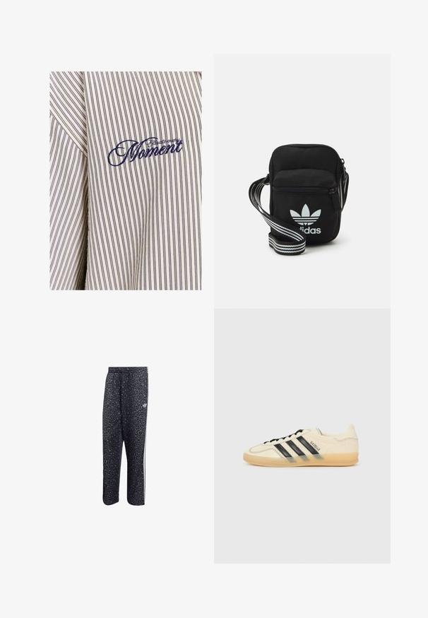 Gestreept shirt in licht beige met donkerblauwe verticale lijnen. Bevat geborduurde tekst "Vang Elk Moment" in donkerblauwe draad.; Zwarte sportbroek met een luipaardpatroon, voorzien van een witte drie-strepenontwerp en een logo van een sportmerk aan de zijkant.; Lichte crèmekleurige sneaker met zwart drievoudig streepdesign, gestructureerde bovenkant, ronde neus en gumrubberen zool. Heeft veters en merklogo op de zijkant.; Zwarte stoffen schoudertas met een ritssluiting, voorzien van een wit Adidas-logo en een gestreepte, verstelbare schouderband voor gemakkelijk dragen.