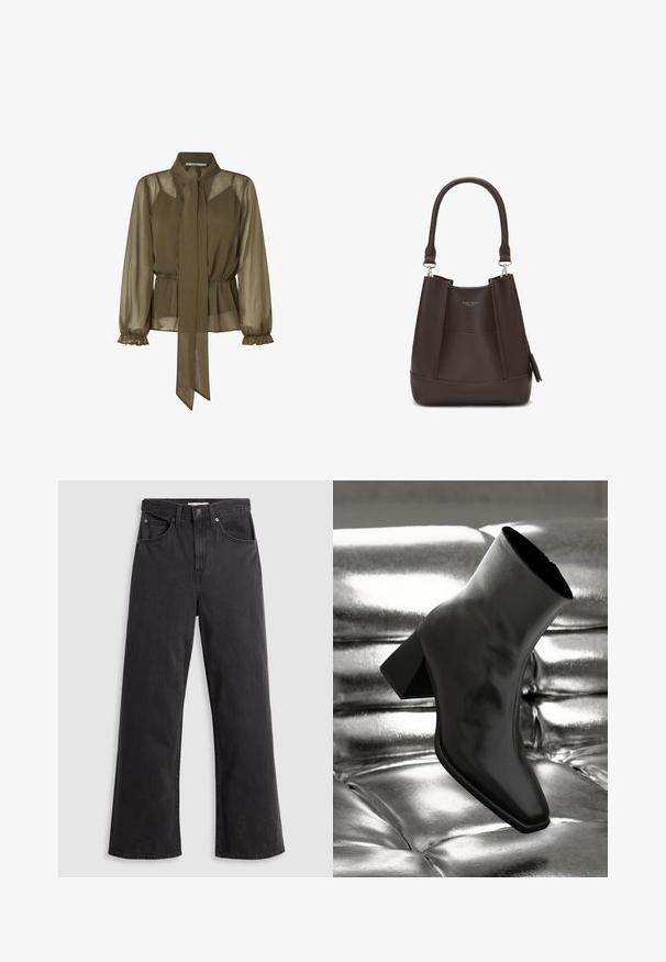 Blusa trasparente verde oliva con colletto legato, vita elastica e maniche lunghe a frufru. Tessuto leggero con un design fluttuante.; Jeans neri in denim a gamba larga con vita alta, cinque tasche e chiusura con bottone metallico. Il tessuto ha una texture liscia e leggermente sbiadita.; Stivale alla caviglia nero realizzato in materiale lucido con punta quadrata e tacco affusolato, posizionato su uno sfondo argentato lucido con imbottiture a sfera.; Carlheim ADALINE - Borsa a mano - brown
