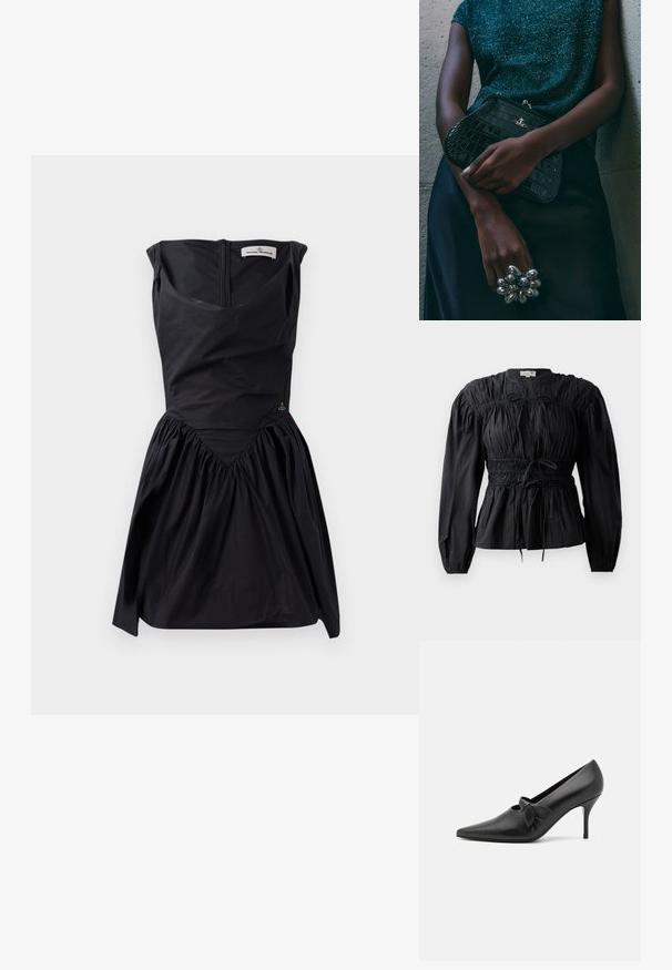 Blusa nera a maniche lunghe con tessuto arricciato, vita elasticizzata e dettaglio con nodo, caratterizzata da scollo rotondo e texture liscia.; Abito nero senza maniche con un corpetto strutturato, gonna arricciata e dettaglio a cucitura a V. Presenta una cerniera sul retro e un sottile accento del logo.; GIABORGHINI ARTEMIS - Decolleté - black; Clutch bag nera con motivo coccodrillo e hardware argentato, appoggiata su uno sfondo grigio texture. Presenta una superficie lucida.