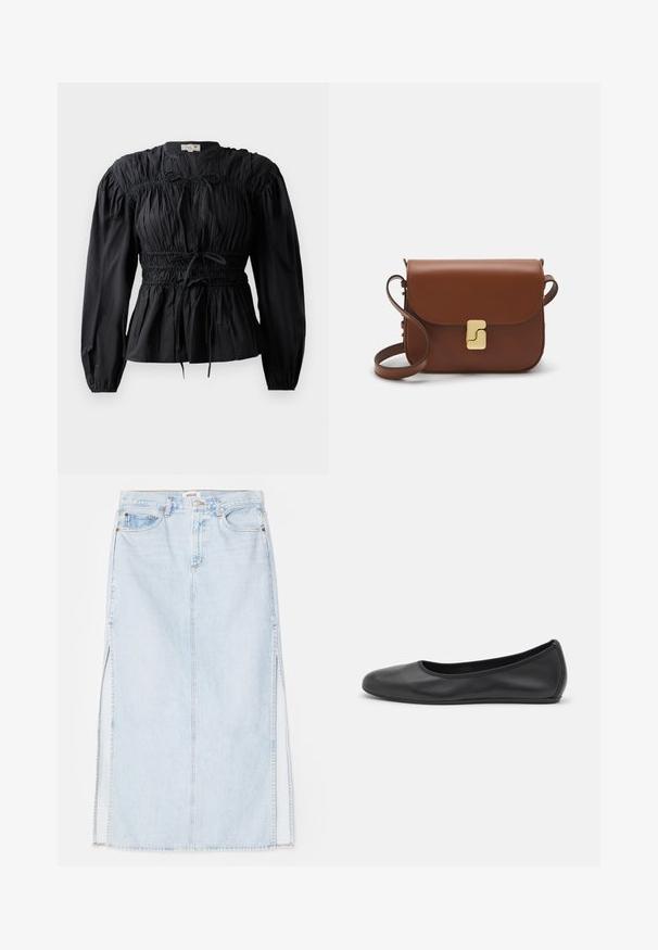 Blusa nera a maniche lunghe con tessuto arricciato, vita elasticizzata e dettaglio con nodo, caratterizzata da scollo rotondo e texture liscia.; Gonna maxi in denim azzurro chiaro con taglio dritto, dotata di spacchi laterali e design a cinque tasche. Cuciture in evidenza e chiusura con bottone in metallo.; Pantofole da balletto nere in pelle con punta arrotondata, texture liscia, dettagli di cucitura minimi e design con suola flessibile.; Borsa a tracolla in pelle marrone con chiusura a pattina, hardware color oro, tracolla e una finitura liscia. Forma rettangolare compatta.