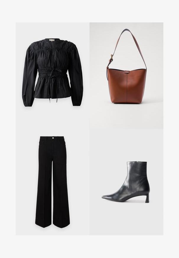 Fekete, hosszú ujjú blúz, gyűrt anyaggal, ráncos derékkal és megkötős részletgel, kerek nyakkivágással és sima textúrával.; Fekete, bő szárú farmernadrág, strapabíró anyagból készült, magas derékkal, elülső zsebekkel és elöl gombos záródással. Lapos szegély az alján.; Fekete bőr bokacsizma hegyes orral és letisztult dizájnnal. Alacsony sarka és hátsó cipzáras záródása van. Simának tűnő textúra.; Barna bőr válltáska ívelt formával, sima felülettel és egy vékony pánttal. Diszkrét varrással és kis logóval rendelkezik.
