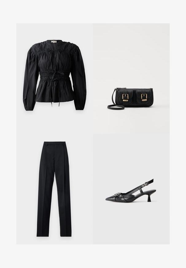 Juoda, ilgomis rankovėmis bluzonė su susiraukšlėta medžiaga, gumbuotu liemeniu ir raišteliu, su apvaliu iškirpimu ir lygia tekstūra.; Juodos kelnės iš lygaus audinio, pasižyminčios aukštu liemeniu, plačiomis kojomis, priekinėmis klostėmis ir klasikiais diržo kilpomis. Šoninių kišenių nematyti.; Juodas odinis slingback tipo batai su smailiu priekiniu atvartu, dekoratyvinėmis sagtimis su metaliniais akyčiais ir žemu blokiniu kulnu. Saldus paviršius.; Juodas odinis per petį nešiojamas krepšys su dviem priekiniais kišenėmis, auksiniais sagtimis, užtrauktuko uždarymu ir siauromis petnešomis. Textūruota paviršius ir kompaktiškas stačiakampis formatas.