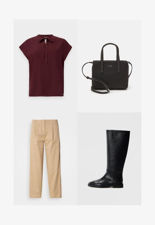 Blusa bordeaux con scollatura alta e dettaglio legato, maniche corte a cappuccio, tessuto liscio e un piccolo logo sul bordo.; Pantaloni in cotone beige con vestibilità rilassata, caratterizzati da due pieghe frontali, gamba dritta e chiusura classica con bottone in vita.; Stivale in pelle nera al ginocchio con punta arrotondata, texture liscia, design minimalista e suola piatta. Dettagli di cucitura semplici sulla gamba.; Borsa nera con doppi manici corti e tracolla removibile. Materiale simile alla pelle liscia con chiusura a zip e dettaglio del logo.