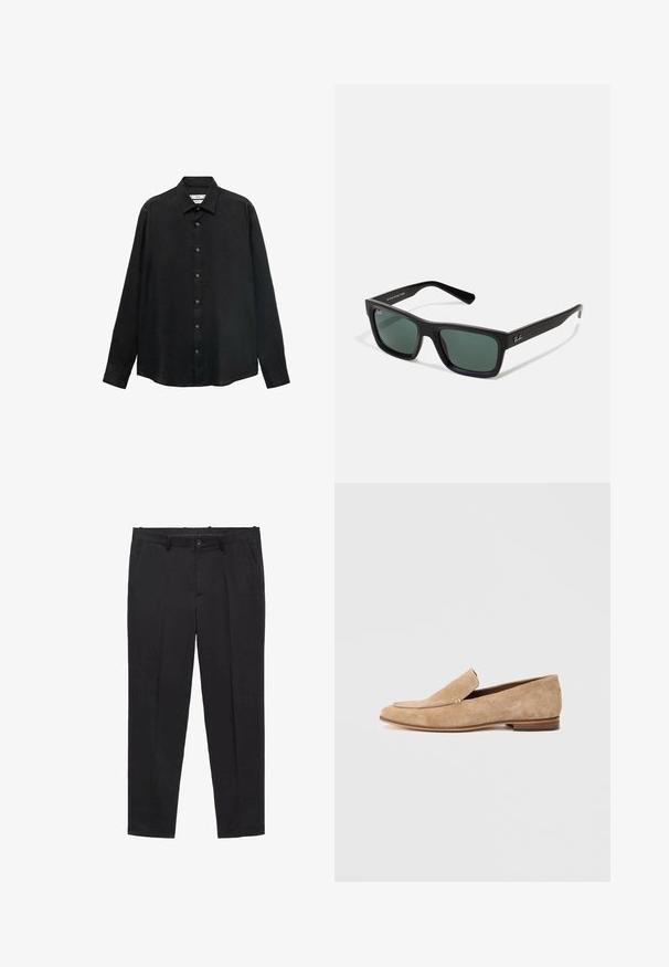 Camisa negra de manga larga hecha de tela texturizada; cuenta con un cuello y una parte delantera abotonada con botones visibles y un dobladillo recto.; Pantalones ajustados negros hechos de tela suave, con una parte delantera plana, trabillas para cinturón y bolsillos laterales. Diseño de pierna recta.; Mocasín de ante beige con un tacón bajo, punta redondeada y una costura decorativa en el empeine. Textura suave con un detalle mínimo.; Gafas de sol rectangulares negras con lentes verdes, con un acabado mate, patillas rectas y el logo de Ray-Ban en un lado.