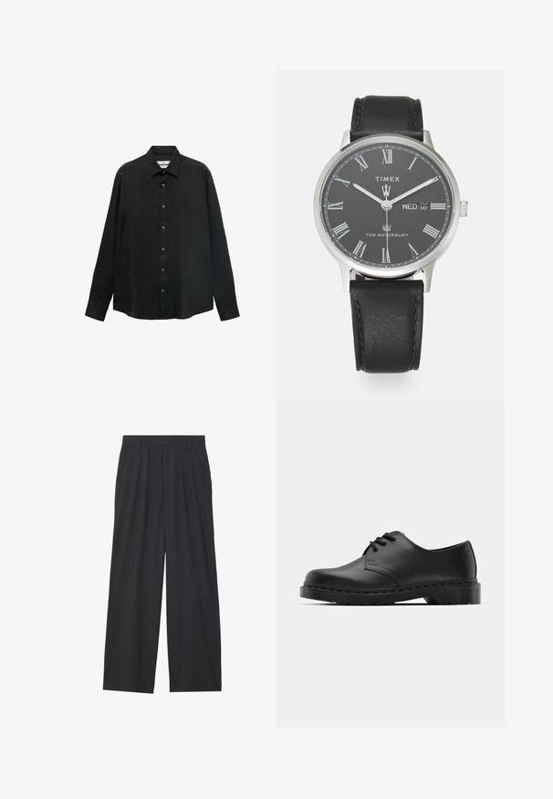 Čierna košeľa s dlhým rukávom vyrobená z textúrovanej tkaniny; má límec a zapínanie na gombíky s viditeľnými gombíkmi a rovný lem.; Široké nohavice vyrobené z tmavosivej látky. Majú prešívanie v páse, prispôsobený strih a rovný silueta.; Čierne kožené oxfordky s viazaním, zaoblenou špičkou, plochou gumovou podrážkou a jemným prešívaním pozdĺž hornej časti.; Čierne kožené hodinky s okrúhlym strieborným puzdrom, šedým číselníkom, bielymi rímskymi číslicami a zobrazením dátumu na stredu.; Strieborný náhrdelník s obdĺžnikovým príveskom s prepracovaným dizajnom, jemným reťazcom a nastaviteľnou sponou na úpravu dĺžky.