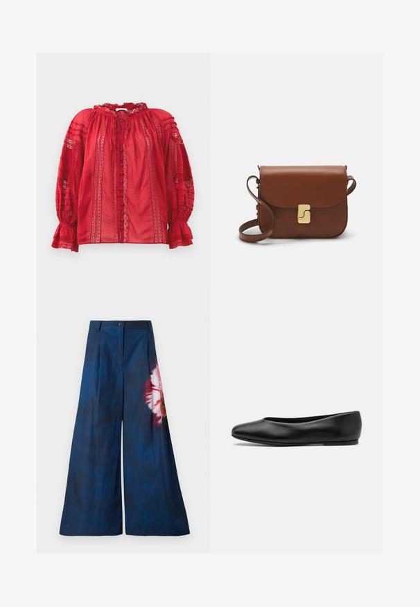 Punane pitsbluus, millel on volangeline kaelus, nööbid ees ja keeruline detailikaunistus varrukatel ja kehakujul.; Laia püksid tumedast mereväe värvi kangast, millel on ühel küljel roosa ja kollane lillemuster, ning nööpkinnitus vööl.; Paul Smith TOPANGA - Baleriinad - black; Pruunist nahast käekott, millel on klapiga sulgur, kuldne riistvara, õlarihm ja sile tekstuur. Kompaktne ristkülikukujuline vorm.