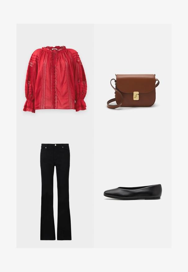 Blusa rossa in pizzo con scollo arricciato, bottoni frontali e dettagli intricati sulle maniche e sul corpo.; Jeans neri svasati in denim, dotati di due tasche anteriori, chiusura con bottone e una texture liscia. Cuciture iconiche visibili nei punti di giuntura.; Paul Smith TOPANGA - Ballerine - black; Borsa a tracolla in pelle marrone con chiusura a pattina, hardware color oro, tracolla e una finitura liscia. Forma rettangolare compatta.