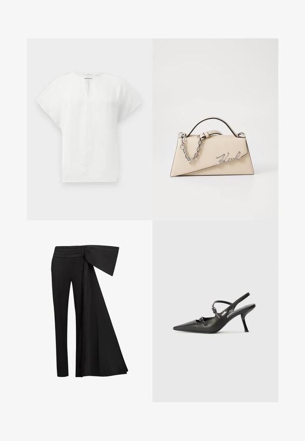 Biała bluzka z krótkim rękawem i dekoltem w kształcie litery V, z zamkiem błyskawicznym z tyłu. Gładki materiał o strukturalnym kształcie, bez widocznych wzorów lub ozdób.; Czarne spodnie z szerokim, drapowanym paskiem w talii. Gładki materiał, prosty krój nogawki i plisowany pasek w talii.; Czarne skórzane sandały na obcasie typu slingback z wydłużonym noskiem, smukłym obcasem i ozdobnym zapięciem na cholewce. Gładka tekstura i elegancka forma.; Beżowa skórzana torebka o zorganizowanym, trójkątnym kształcie, z dwoma srebrnymi łańcuszkami w formie uchwytów i metalowym logo w stylu kursywy.