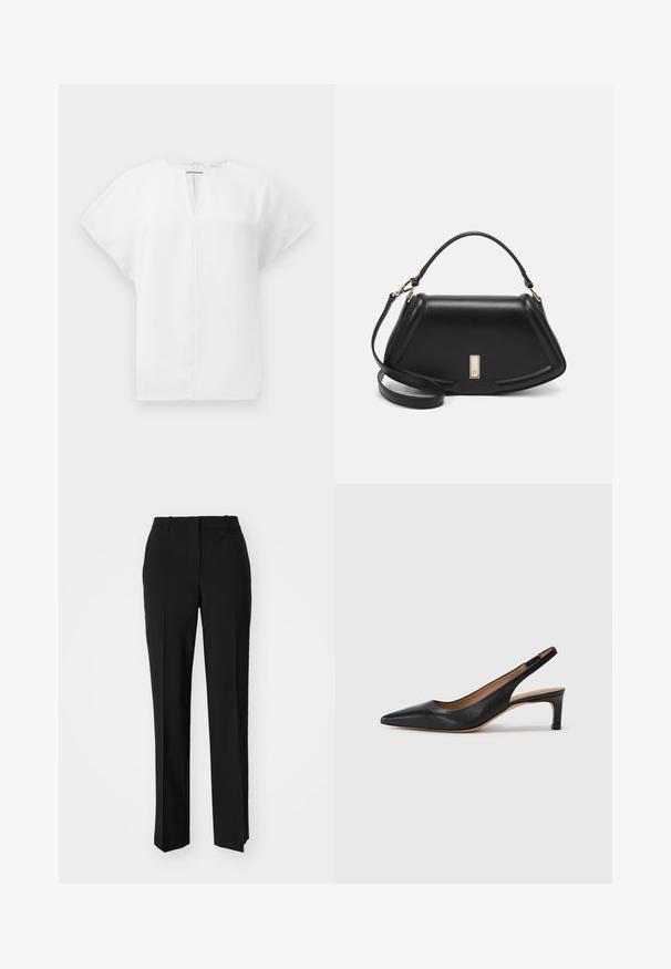 Weißes Kurzarmoberteil mit V-Ausschnitt und einem Reißverschluss hinten. Glattes Material mit strukturierter Form und ohne sichtbare Muster oder Verzierungen.; Schwarze, taillierte Hose mit geradem Bein, aus einem glatten Stoff und mit klaren Falten an der Vorderseite. Keine sichtbare Hardware.; Schwarze Leder-Slingback-Pumps mit spitzer Zehenform, niedrigem Absatz und glatter Textur. Verfügt über einen dünnen, verstellbaren Riemen für einen sicheren Sitz.; Schwarze Lederhandtasche mit einem strukturierten Design, das eine verkürzte Form, einen oberen Griff und goldfarbene Hardware-Details aufweist. Verstellbarer Schulterriemen ist enthalten.