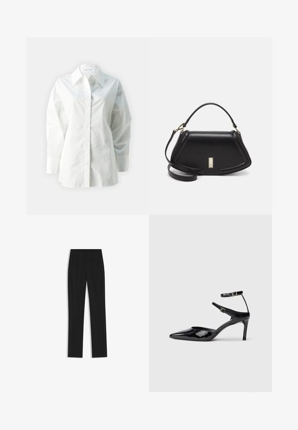 White long-sleeve shirt made of cotton, featuring a pointed collar, button front, and loose fit with structured shoulders.; Black tailored trousers with a straight-leg design, featuring front pockets and a smooth, textured fabric. Neat, minimal detailing.; Black patent leather heels with a pointed toe, adjustable ankle straps, and a slender heel. Smooth texture with a shiny finish.; Black leather handbag with a structured design, featuring a cropped shape, top handle, and gold hardware accent. Adjustable shoulder strap included.