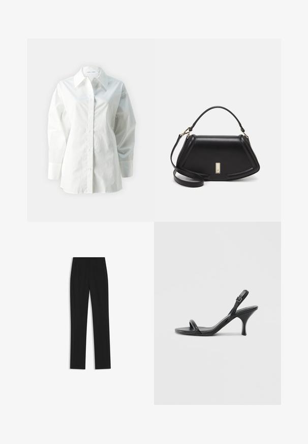 Weißes Langarmhemd aus Baumwolle mit spitzem Kragen, Knopfverschluss und lockerer Passform mit strukturierten Schultern.; Schwarze maßgeschneiderte Hose mit geradem Bein, ausgestattet mit Fronttaschen und einem glatten, strukturierten Stoff. Saubere, minimale Details.; Schwarze Leder-Sandalen mit hohen Absätzen, schlankem, gebogenem Absatz und gekreuztem Riemendesign. Verstellbarer Knöchelriemen. Glatte Textur.; Schwarze Lederhandtasche mit einem strukturierten Design, das eine verkürzte Form, einen oberen Griff und goldfarbene Hardware-Details aufweist. Verstellbarer Schulterriemen ist enthalten.