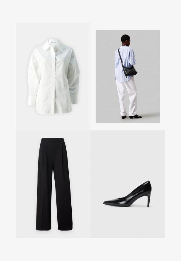 Λευκή πουκάμισο με μακρύ μανίκι από βαμβάκι, που διαθέτει μυτερό γιακά, κουμπιά μπροστά και άνετη εφαρμογή με δομημένους ώμους.; Μαύρο παντελόνι με φαρδιά μπατζάκια, κατασκευασμένο από λείο ύφασμα, με απλό σχέδιο και ελαστική μέση, χωρίς ορατά μοτίβα ή διακοσμητικά στοιχεία.; Μαύρο δερμάτινο ψηλοτάκουνο παπούτσι με μυτερή μύτη, λεία υφή και κοφτό τακούνι. Μινιμαλιστικός σχεδιασμός, χωρίς επιπρόσθετες διακοσμήσεις.; Μαύρη δερμάτινη τσάντα ώμου με απαλή υφή, τριγωνικό σχήμα και ρυθμιζόμενο λουρί, συνδυασμένη με ένα ανοιχτό μπλε ριγέ πουκάμισο και λευκό παντελόνι.