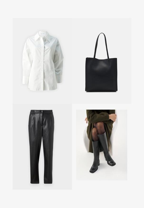 Bílá dlouhá košile s dlouhým rukávem vyrobená z bavlny, má špičatý límec, zapínání na knoflíky a volný střih se strukturovanými rameny.; Černé kožené kalhoty s hladkou texturou, rovným střihem, elastickým pasem a zapínáním na knoflík vpředu; s plisovanými detaily a zúženými nohavicemi.; Černé kožené boty po kolena s hranatou špičkou a blokovým podpatkem, předvedené na modelce sedící v olivově zeleném kabátu. Hladký povrch, minimalizované detaily.; Černá kožená taška přes rameno s hladkým povrchem, obdélníkovým tvarem a dvěma dlouhými uchy. Žádné viditelné kování ani ozdoby.