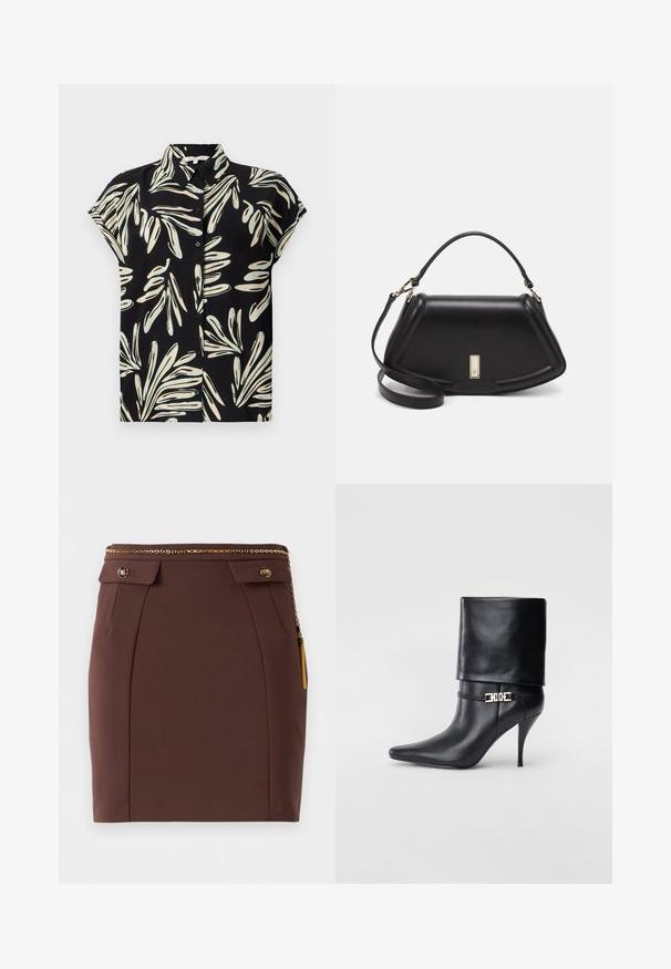 Black short-sleeve shirt featuring a white and light blue leaf pattern, with a button-down front and a regular collar.; Brown fitted mini skirt with gold chain belt, decorative buttoned flaps, and gold tassel detail on a plain background.; Black leather ankle boot with a pointed toe, high stiletto heel, fold-over cuff, and a gold decorative buckle detail on the ankle.; Black leather handbag with a structured design, featuring a cropped shape, top handle, and gold hardware accent. Adjustable shoulder strap included.