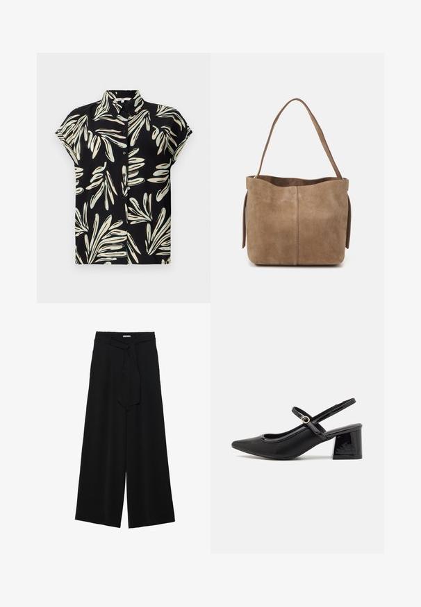 Camisa preta de manga curta com um padrão de folhas em branco e azul claro, com botões à frente e colarinho normal.; Calças largas pretas com um tecido texturizado, uma cintura elástica e um laço destacável na cintura para um ajuste ajustável.; Sabrinas de cerâmica preta com salto bloco, bico apontado e um design com recortes arredondados. Apresenta um detalhe em fivela de tom dourado.; Bolsa tote em camurça castanha com uma textura suave, abertura em cima e uma alça única para o ombro. Apresenta um acabamento liso e detalhes mínimos.