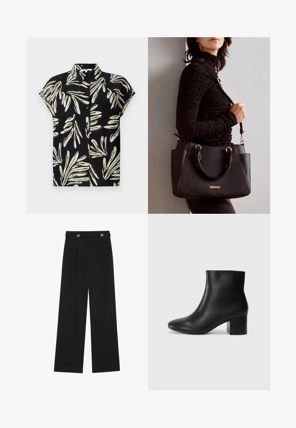 Svart kortermet skjorte med et hvitt og lyseblått bladmønster, med knappefront og vanlig krage.; Svart vide bukser med høy midje, knappdetaljer på midjebåndet og frontplisser.; Sorte skinn ankelsko med spiss tå og chunky hæl. Glatt tekstur med minimale detaljer og et elegant, tettsittende design.; Svart håndveske med teksturert overflate, doble topphåndtak og justerbar skulderrem. Har detaljer i gulltone og sidelommer.