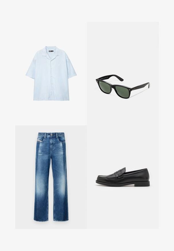 Vaaleansininen lyhytnauha-painikepaita, jossa on valkoisia pystysuoria raidoja. Paidassa on lovettu kaulus ja logopainatus rinnassa.; Valkoinen puuvillainen t-paita, jossa on lyhyet hihat, pyöreä kaula-aukko, rento istuvuus ja ei näkyviä logoja tai kuvioita. Sileä pinta ja minimaalinen muotoilu.; Kapea lahkeet farkut keskipitkä sininen, jossa on nappikiinnitys, etutaskut ja pieni haalistuminen. Siisti helma suoran leikkauksen kanssa.; Musta nahkakengät, joissa on tyylikäs muotoilu, pyöreä varvas, ommellut yksityiskohdat ja matala lohkokorko. Liukastettu pinta ja minimaliset yksityiskohdat.; Mustat muoviset aurinkolasit, joissa on vihreät linssit, neliönmuotoiset kehykset, hopeinen yksityiskohta kulmakarvojen kohdalla sekä tekstuuriset temppeleiden varret. Brändi ilmoitettu sisävarsissa.