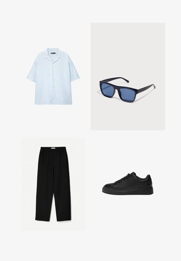 Hellblaues kurzärmliges Hemd mit Knöpfen und weißen vertikalen Streifen, ausgestattet mit einem eingekerbten Kragen und Logo-Stickerei auf der Brust.; Schwarze, weit geschnittene Hose aus leichtem Stoff. Mit elastischem Bund und glatter Textur. Keine sichtbaren Muster oder Beschläge.; Schwarzer Sneaker aus glattem Leder, mit runder Zehenpartie, dicker Plattformsohle und traditionellem Schnürdesign mit sechs Ösen.; Schwarze Kunststoff-Sonnenbrille mit rechteckigem Rahmen, blaufärbigen Gläsern und schlanken Bügeln, mit einer glänzenden Oberfläche.