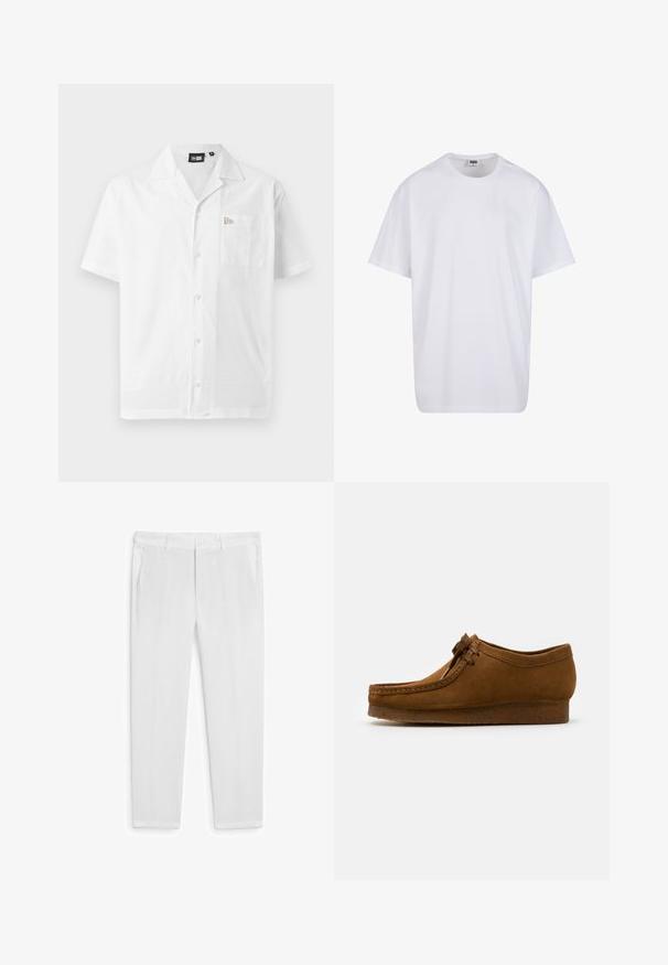 Camicia bianca a maniche corte realizzata in tessuto liscio; presenta un colletto a punta, chiusura con bottoni e una tasca sul petto sinistro con dettagli del logo.; Maglietta bianca in cotone con maniche corte, scollatura rotonda, vestibilità comoda e senza loghi o motivi visibili. Texture liscia e design minimale.; Pantaloni in lino bianchi con una vestibilità dritta, dotati di due tasche frontali e chiusura a bottone. Tessuto liscio, senza motivo o decorazioni visibili.; Scarpa in suede marrone con punta rotonda e tacco basso, cuciture dettagliate lungo le cuciture e chiusura con lacci. Texture morbida con design snodato.