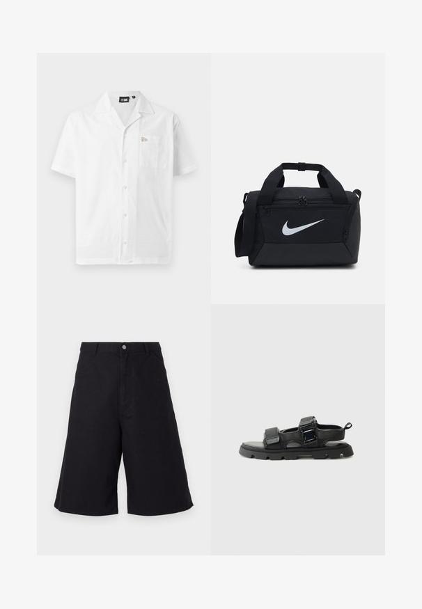 Camisa blanca de manga corta hecha de tejido suave; cuenta con un collar puntiagudo, cierre de botones y un bolsillo en el pecho izquierdo con detalle de logo.; Pantalones cortos de algodón negros con corte recto, que cuentan con bolsillos delanteros, un cierre de botón y una textura adecuada para el uso casual.; Sandalias negras con un upper de tela texturizada, tiras anchas, acentos de hebilla metálica y una suela de goma gruesa con un patrón de tacos.; Bolsa de deporte negra con un tejido suave, compartimentos con doble cremallera, asas acolchadas y un gran logo blanco de Nike en la parte frontal.