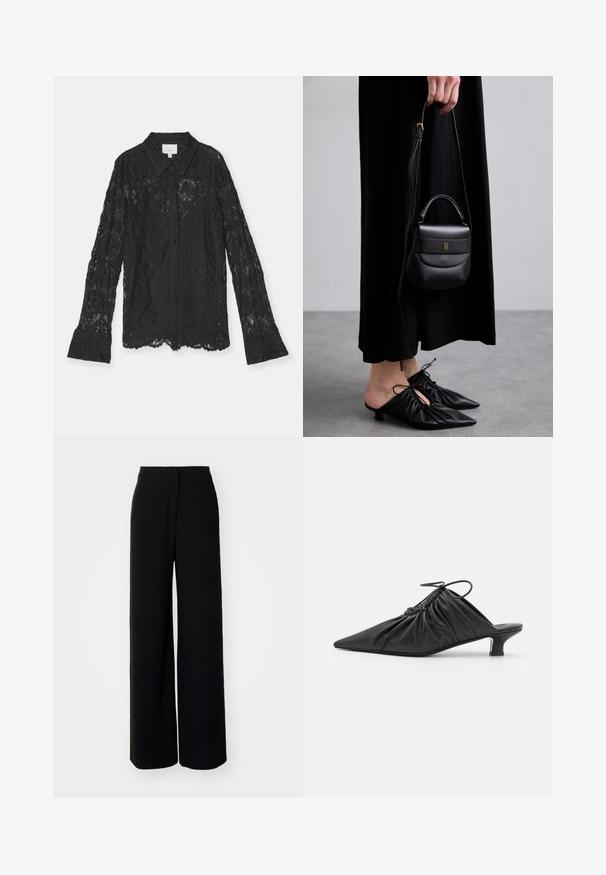 Blouse en dentelle noire avec un col, des manches longues et un motif texturé. Présente un bouton à l'avant et des poignets évasés.; Pantalons larges noirs à taille haute, en tissu lisse, avec fermeture à bouton à l'avant et sans poches visibles, offrant une coupe tailleur.; Mules noirs en cuir à enfiler avec un bout pointu, une texture froncée et un petit talon aiguille. Présente un détail à cordon au niveau de l'ouverture.; Petite sac à main en cuir noir de forme arrondie, avec une poignée supérieure et une bandoulière amovible. Porté avec une robe en tissu noir et des chaussures plissées noires.