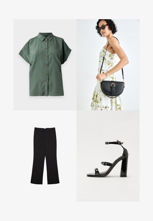 Zelená krátka košeľa s špicatým golierom, piatimi hnedými gombíkmi na prednej strane a dvoma náprsnými vreckami. Hladká textúra látky.; Čierne nohavice so strihom rovného strihu, s prednými vreckami a bočnými rozparkami na leme. Vyrobené z mäkkej, hladkej tkaniny. Vhodné na rôzne príležitosti.; Čierne lakované sandále na podpätku so štvorcovou špičkou, navlečenými remienkami okolo členku a striebornými prackami. Disponujú masívnym blokovým podpätkom pre stabilitu.; Čierna kožená kabelka s zaobleným tvarom, odnímateľným popruhom a zlatými doplnkami. Kabelka má klopu s detailom s prackou.
