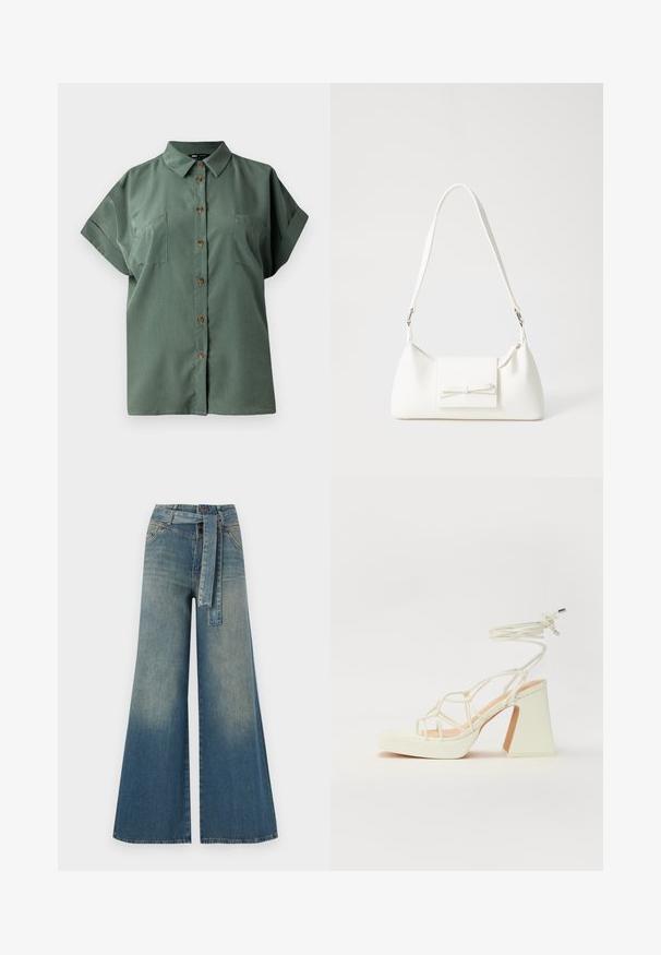 Grønn kortermet skjorte med spiss krage, fem brune knapper foran og to brystlommer. Glatt stofftekstur.; Bredde ben jeans med en lyseblå til mørkeblå gradient, høyt liv, beltehemper og et matchende belte i samme stoff. Teksturert denimoverflate.; Hvit høyhælte sandal med kraftig hæl, med en stroppe-design og ankelbånd. Glatt tekstur med plattform foran for ekstra høyde.; Hvit syntetisk håndveske med trekantet form, flat klaff foran og sløyfe detaljer, justerbar stropp, glatt tekstur og minimalistisk design.