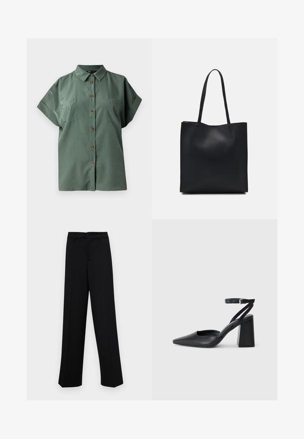 Green short-sleeve shirt with a pointed collar, five brown buttons down the front, and two chest pockets. Smooth fabric texture.; Black wide-leg trousers made of smooth fabric, featuring a classic waistband with a button closure and front pleats.; Black leather pointy-toe pump with an ankle strap and a chunky heel. Flat texture, sleek design, and minimalistic aesthetics.; Black leather tote bag with smooth texture, rectangular shape, and two long handles. No visible hardware or embellishments.