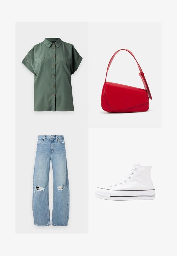 Zaļa īsām piedurknēm krekls ar norādītu apkakli, pieci brūni pogas priekšpusē un divas krūšu kabatas. Gluda auduma tekstūra.; Gaiši zili, augstās vidukļa džinsi, kas izgatavoti no denima. Iespējas plašas kājas, divas plēstas ceļa daļas un klasiskā piecu kabatu dizains.; Balti augstie kanvas sporta apavi ar melnu gumijas zoli, priekšējo gumijas purngalu un sešām acīm lencēm, kuriem ir tīrs, minimālistisks dizains.; Sarkans ādas rokassomi ar stūrainu, ģeometrisku dizainu. Iekļauj vienu regulējamu siksnu un vāku ar izšūtu detaļu.