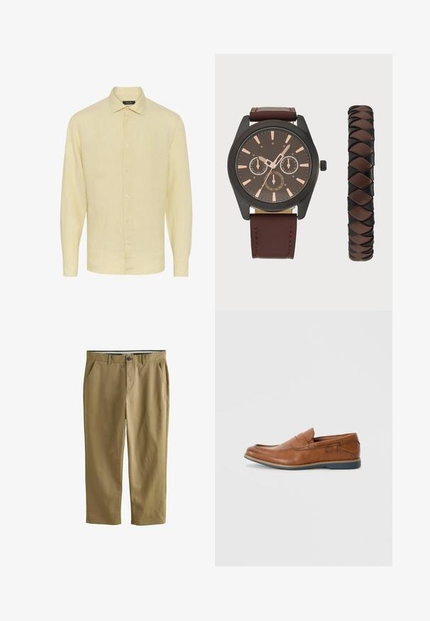 Camisa de lino de manga larga en un amarillo claro, con cuello y cierre de botones en la parte delantera. Presenta una tela texturizada y un dobladillo recto.; Chinos caqui fabricados en mezcla de algodón, con dos bolsillos laterales, cierre de botón, piernas rectas y una textura suave.; Mocasines de cuero marrón con puntera redonda, acentos cosidos y suela de goma baja. El diseño cuenta con una banda en la parte superior.; Pier One SET - Reloj - black/brown