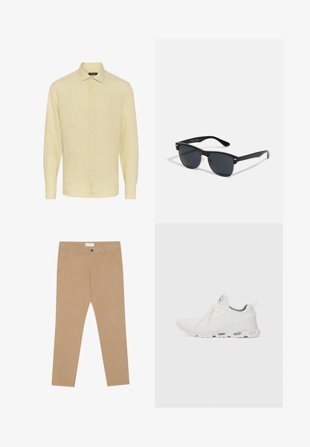 Camisa de lino de manga larga en un amarillo claro, con cuello y cierre de botones en la parte delantera. Presenta una tela texturizada y un dobladillo recto.; Chinos caqui de mezcla de algodón, con frente plano, dos bolsillos laterales y un bolsillo trasero. Tejido ligero con una textura suave.; Zapatillas deportivas blancas con un upper de punto texturizado, cordones planos y una suela acolchada con cámaras de aire visibles para mayor soporte.; Gafas de sol negras con forma rectangular, lentes oscuros, detalles plateados en las patillas y un acabado mate en la montura.