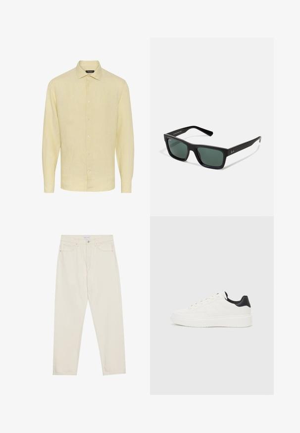 Ljusgul linne skjorta med långa ärmar, krage och framknäppning. Har en texturerad tygkvalitet och rak fåll.; Beiga denimjeans med rak passform, med fem fickor, knapplås och diskreta sömnadsdetaljer. Slät textur.; Vit lädersneaker med präglat mönster, texturerad vit mellansula och svart hälaccent. Har rundad tå och platta snören.; Svarta rektangulära solglasögon med gröna linser, i en matt yta, raka skalmar och Ray-Ban-logotypen på sidan.