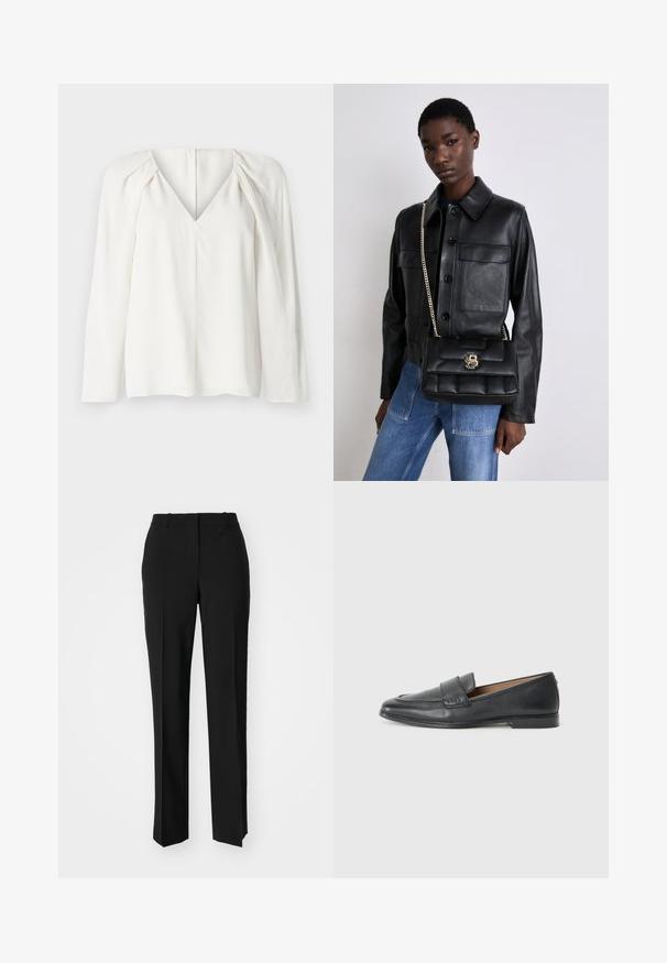 Valge pikatuine pluus sügava V-dekolteega, millel on pliseeritud detailid õlgadel ja sirge alumine äär. Sile kangas peene sädelusega.; Mustad ja sirged püksid, millel on sile tekstuur ja teravad voldid esiosas. Ilma nähtavate detailideta.; Mustad mustad nahast kingad, millel on sile tekstuur, kerge läige, ümar varvas ja väike dekoratiivne õmblus ees.; Mustmust nahkjakks, millel on nööbiga sulgemine ja kaks esikot, koos musta tikandiga käekotiga, millel on kuldne klamber ja ahelrihm.