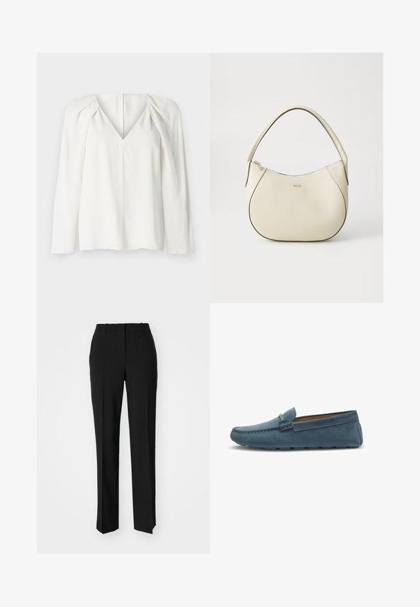 White long-sleeve blouse with a deep V-neck, featuring pleated details on shoulders and a straight hem. Smooth fabric with a subtle sheen.; Black tailored trousers with a straight-leg design, featuring a smooth texture and crisp creases along the front. No visible hardware.; Blue suede loafers with a flat sole, featuring a stitched design along the edges and a decorative metal accent at the front.; Cream-colored handbag with a textured finish, curved shape, short handle, and gold-tone logo detail. Zipper closure at the top.