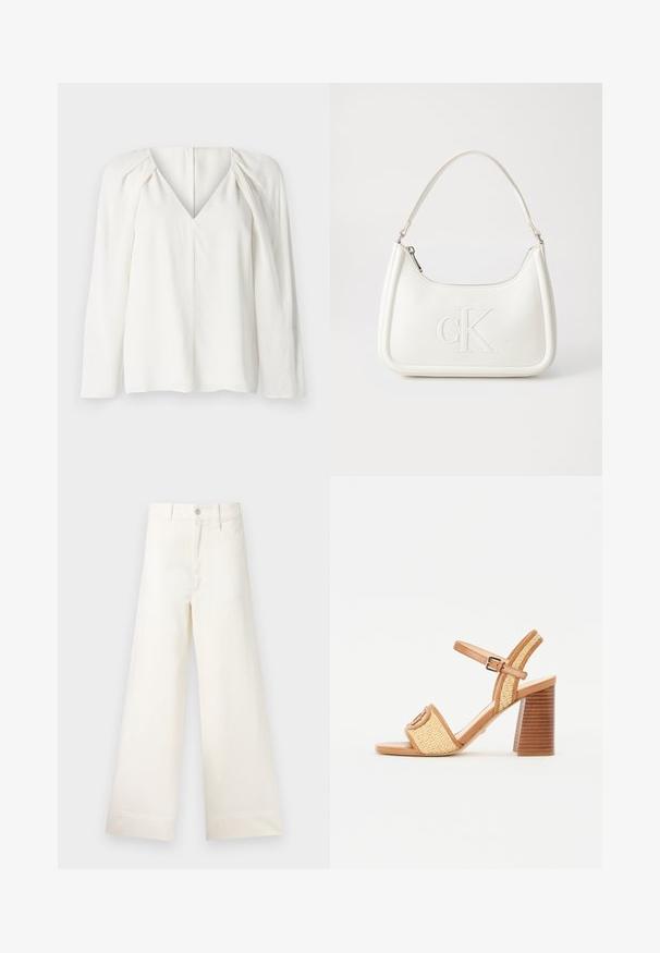 Balta ilgomis rankovėmis bluzelė su giliu V-kaklu, turinti pūstų detalių pečių srityje ir tiesią apatinę dalį. Lygus audinys su subtiliu blizgesiu.; Platus kojų kelnes šviesiai smėlio spalvos medvilnės. Aukšta juosmens linija, priekinės kišenės ir tiesus kirpimas. Švarus apvadas be raštų.; Rudos odinės ir audinės šiaudinės aukštakulnės šlepetės su kulkšnies juostele, atvira nosimi ir plačiu medinį primenančiu kulniuku su horizontaliais raštais.; Balta odinė rankinė su išlenkta forma, su reljefiniu "CK" logotipu priekyje ir viena petneša. Užtrauktuko uždarymas viršuje.