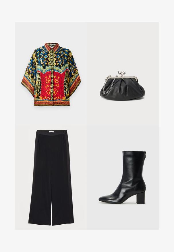Colorful silk blouse featuring a black base, red and blue floral patterns, a collared neckline, and wide sleeves with intricate borders.; Wide-leg black trousers made of smooth fabric, featuring a flat waistband, pleats, and side pockets. Clean lines with minimal detailing.; Black leather ankle boot with a pointed toe and 4 cm block heel. Sleek design features a side zipper for easy wear. Smooth texture.; Black leather clutch with gathered texture, silver-tone metal frame, kiss-lock closure, and chain strap. Smooth, soft surface.