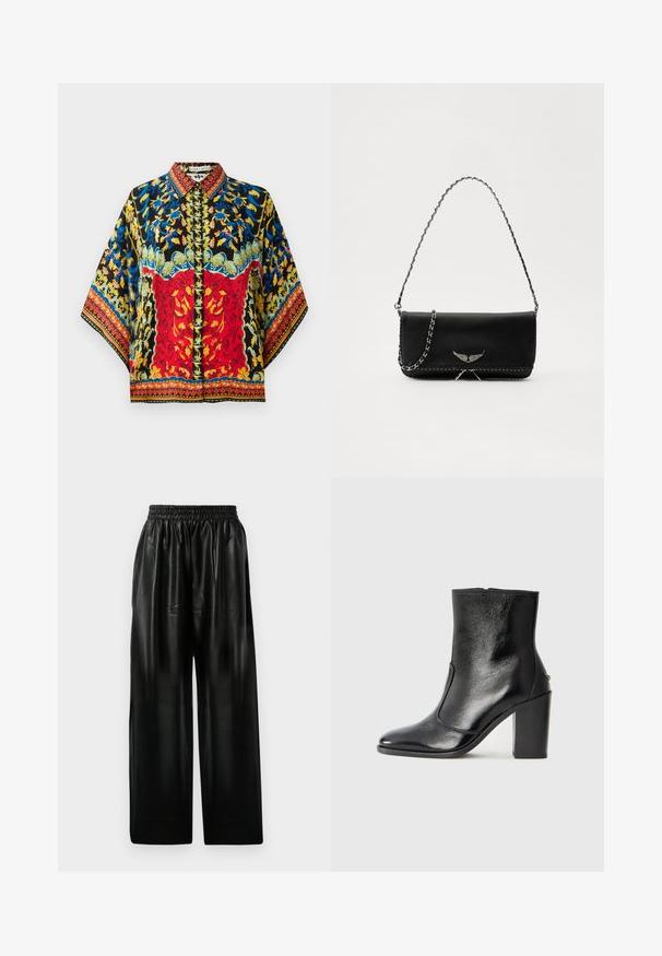 Spalvota šilkinė bluzė su juodu pagrindu, raudonais ir mėlynais gėlių ornamentais, su apykakle ir plačiomis rankovėmis su sudėtingomis šoninėmis detalėmis.; Juodos odinės plačios kelnės su elastinga juosmeniu, turinčios dvi šonines kišenes ir lygią, blizgią tekstūrą.; Juodas odinis kulkšninis batas su lygiu paviršiumi, smailiu pirštu ir masyviu aukštu kulnu. Savybė - šoninis atidarymas ir minimalistiškas dizainas.; Juodas odinis delninukas su sidabro spalvos grandinele, papuoštas dekoratyviniais sparnų akcentais ir balta siūle apačioje.
