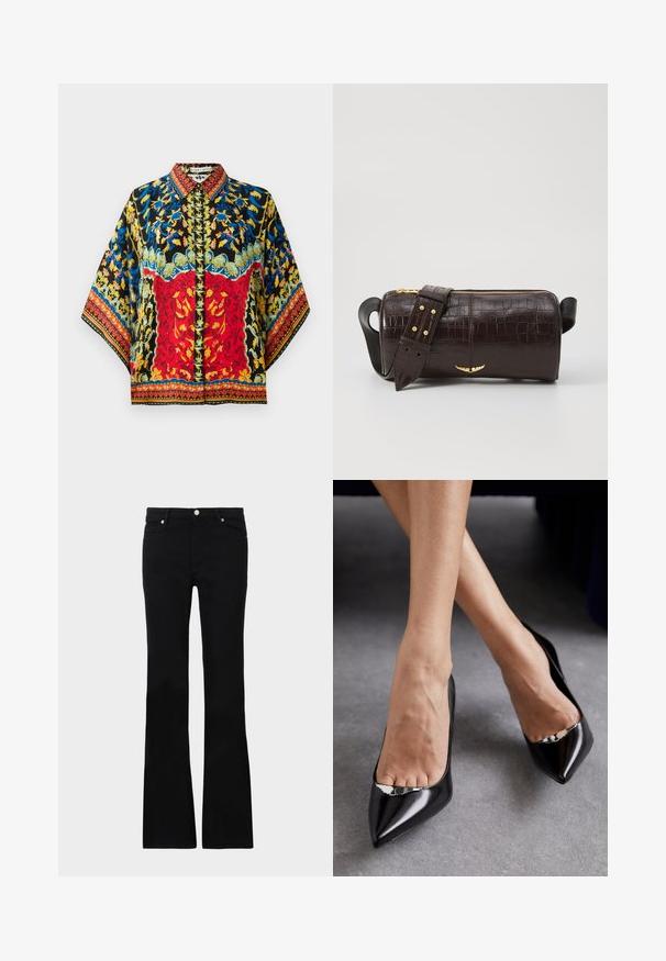 Kolorowa jedwabna bluzka z czarnym tłem, czerwoną i niebieską wzorem kwiatowym, z kołnierzykiem oraz szerokimi rękawami z misternymi brzegami.; Czarne dzwony z denimu, z dwoma przednimi kieszeniami, zapięciem na guzik i gładką fakturą. Widoczne charakterystyczne szycie na szwach.; Czarne skórzane szpilki z ostrym noskiem i otwartym wzorem, ozdobione dekoracyjnym srebrnym akcentem. Gładka tekstura z polerowanym wykończeniem.; Brązowa torba ze skóry z tłoczeniem krokodyla w kształcie cylindrycznym, z metalowymi elementami w kolorze złotym oraz odczepianym paskiem z ćwiekami.