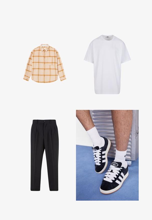 Camisa de cuadros de manga larga en beige con cuadros amarillos y marrones, diseño de botones, un bolsillo en el pecho, hecha de una tela texturizada.; Camiseta blanca de algodón con mangas cortas, cuello redondo, corte relajado y sin logotipos ni patrones visibles. Textura suave y diseño minimalista.; Pantalones negros con un diseño de frente plisado, hechos de una tela suave. Cuentan con un cierre de botón y pasadores para cinturón; corte recto.; Zapatillas de ante negras con cordones blancos y tres rayas blancas. Presentan un logotipo circular negro en la lengüeta y una suela de goma color caramel.