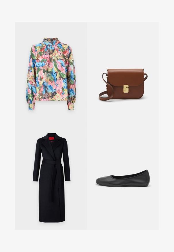 Stine Goya STRUCTURE GATHERED LONG SLEEVE  - Pluus - loves me loves me not; Must musta mantel pikkade varrukatega, mähise disainiga ja sobiva vööga. Valmistatud siledast kangast, omab nurgelisi krae ja küljetaskuid.; Musthave mustika tantsutossud mustast nahast, ümmarguse varbaga, siledast tekstuurist, minimaalse õmblusdetailiga ja paindliku tallakujundusega.; Pruunist nahast käekott, millel on klapiga sulgur, kuldne riistvara, õlarihm ja sile tekstuur. Kompaktne ristkülikukujuline vorm.