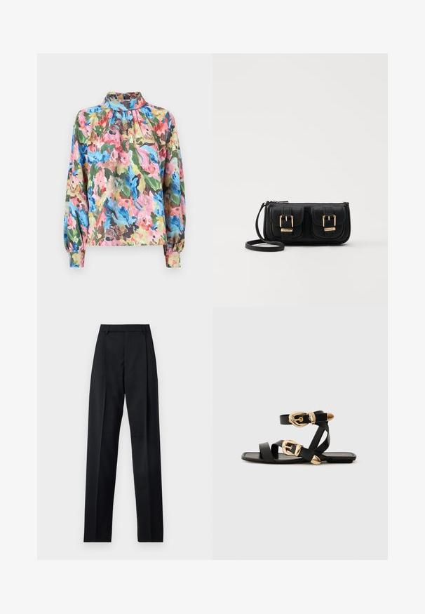 Stine Goya STRUCTURE GATHERED LONG SLEEVE - Camicetta - loves me loves me not; Pantaloni neri realizzati in tessuto morbido, caratterizzati da vita alta, gambe larghe, pince frontali e classiche passanti per cintura. Non ci sono tasche laterali visibili.; Sandali neri in pelle con dettagli in oro, caratterizzati da più cinghie e una suola piatta per un design open-toe.; Borsa a tracolla nera in pelle con due tasche frontali, fibbie dorate, chiusura con zip e una tracolla sottile. Superficie texturizzata e forma rettangolare compatta.